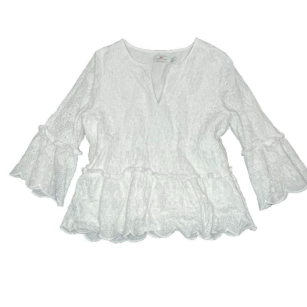 Vineyard Vines‎ Eyelet Tiered Top XS White Romantic Coquette Scallop Resort Boho